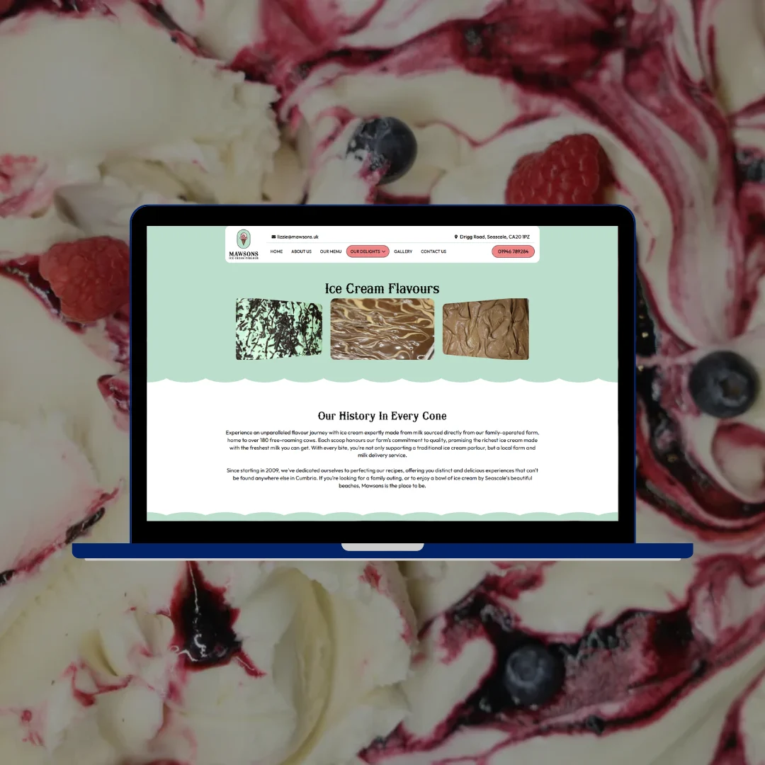 Mawsons Ice Cream Parlour ice cream flavours page on laptop showing flavour grid with photos and descriptions