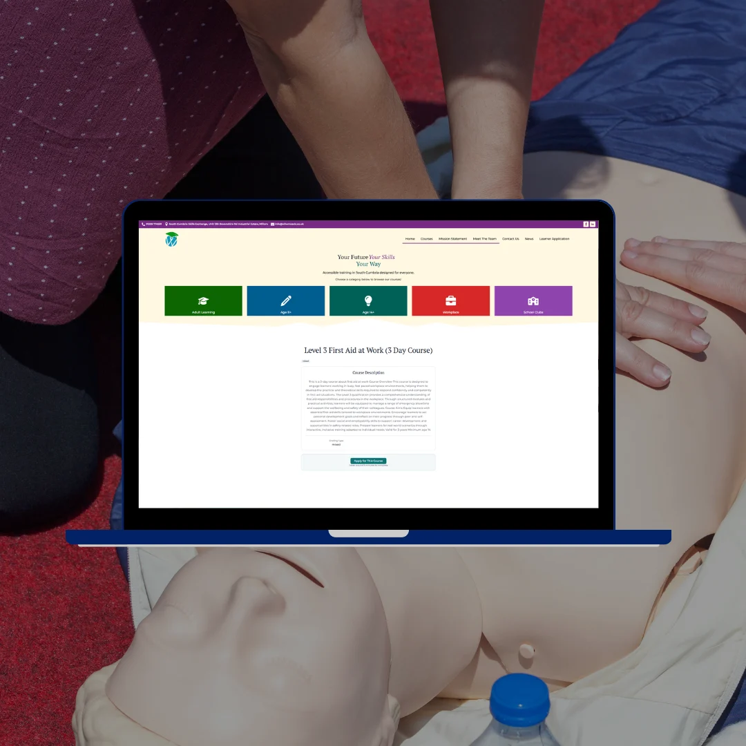 South Cumbria Skills Exchange learner management system first aid course content screen showing course modules and resources