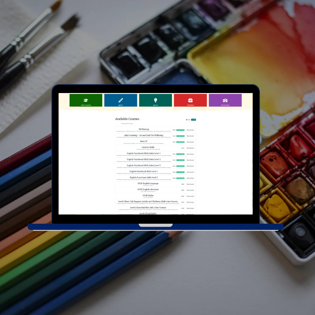 Whamos Training and Development website available courses page on laptop showing course listings