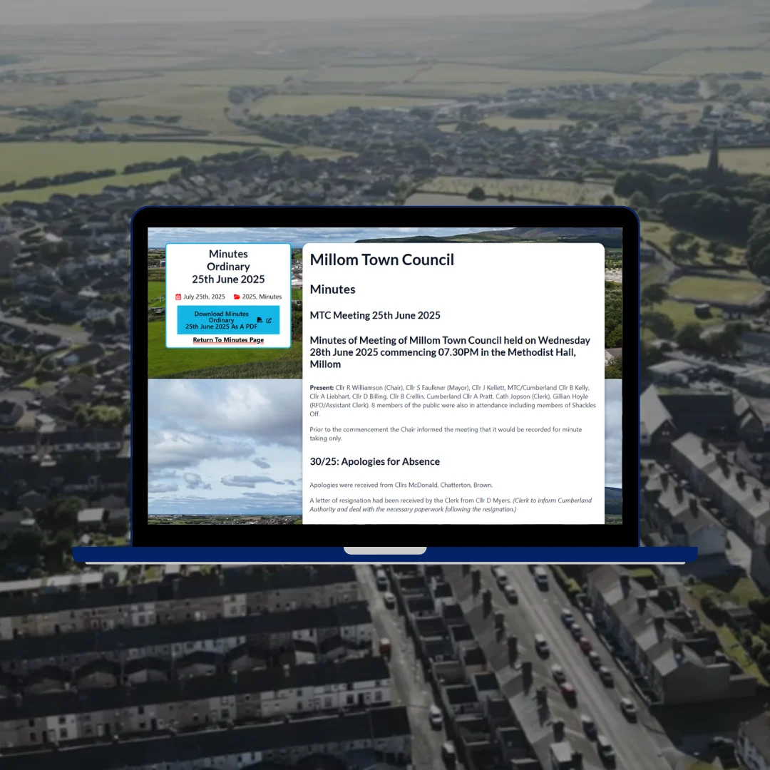 Millom Town Council website showing meeting minutes page with sidebar navigation and document viewer on blue laptop against aerial view of Millom