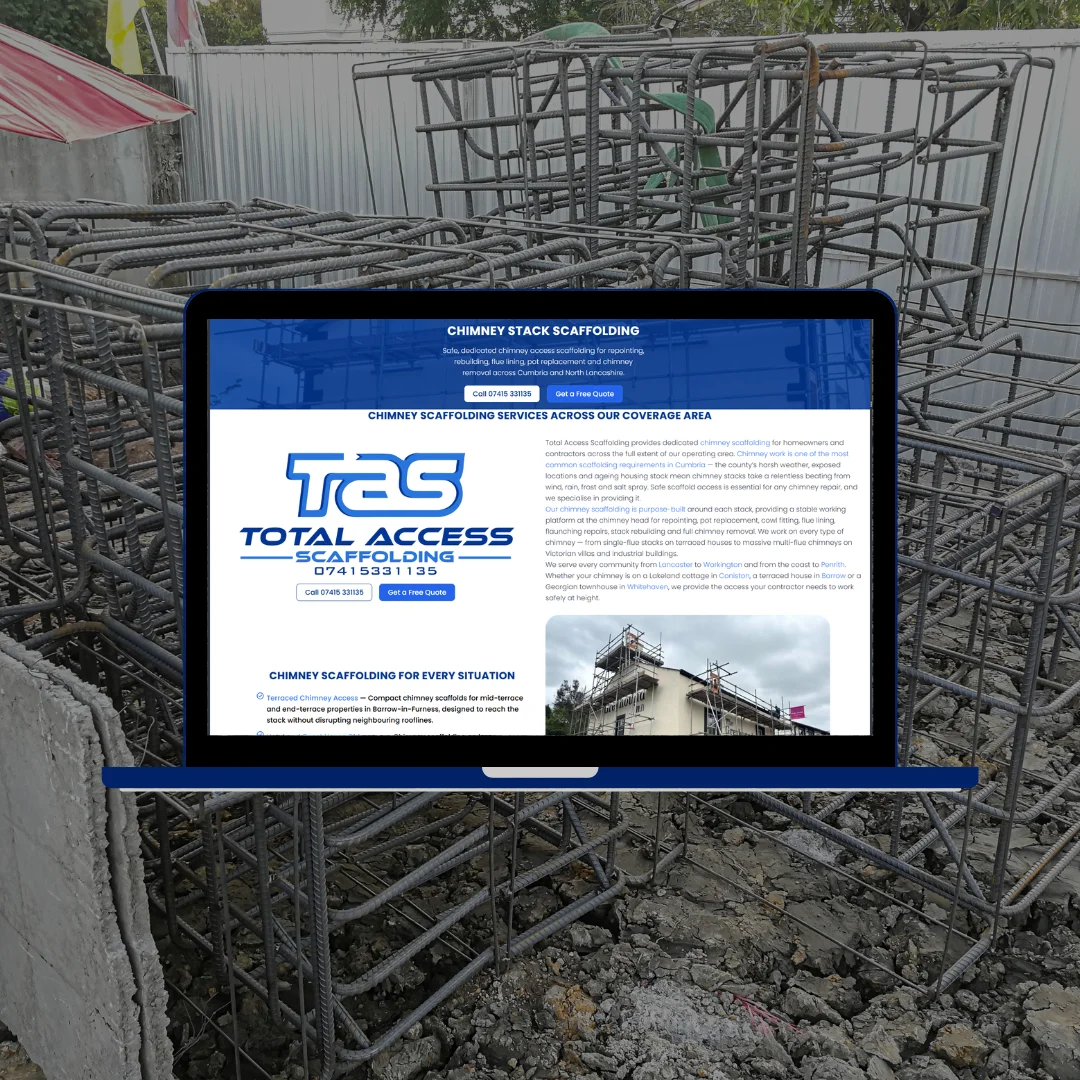 Total Access Scaffolding chimney stack scaffolding page on laptop against a real scaffolding structure background