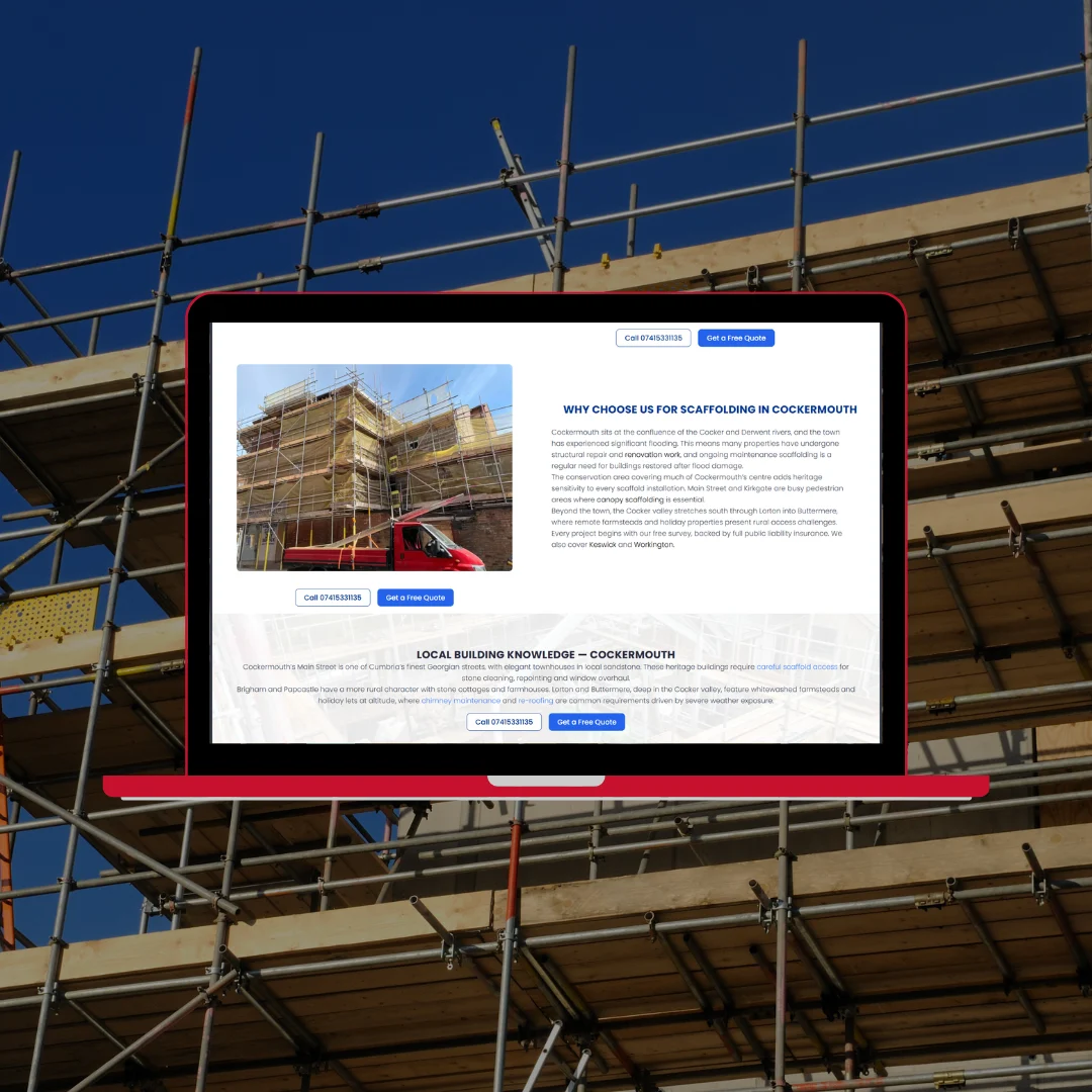 Total Access Scaffolding Cockermouth location page on red laptop against scaffolding and blue sky background