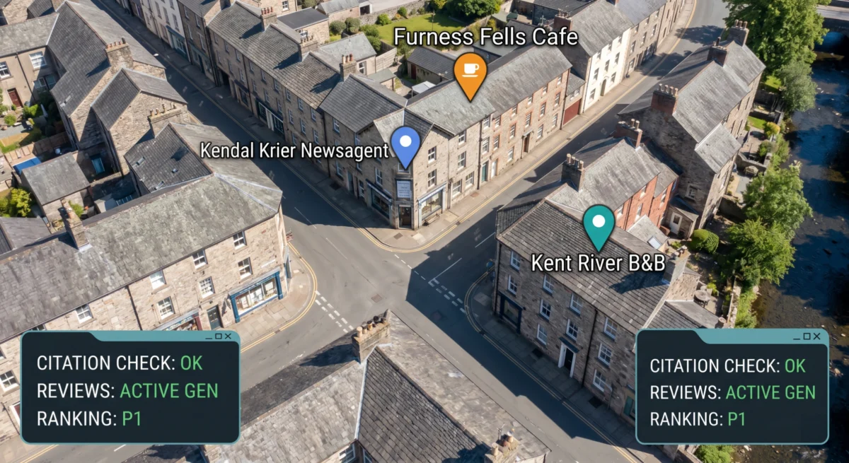 Top-down view of kendal with business icons and text for Kendal SEO