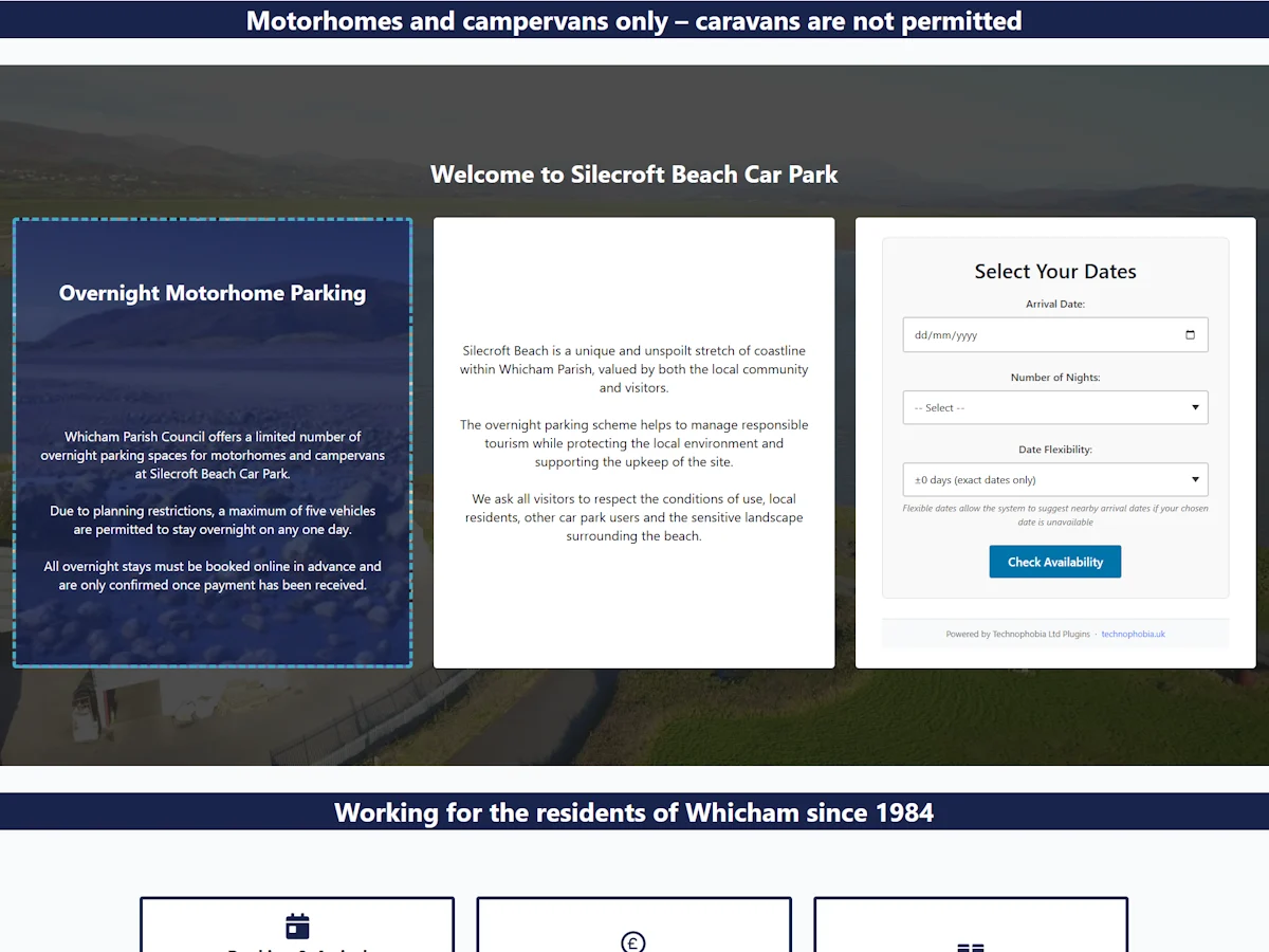 Whicham Parish Council website homepage showing council information navigation and documents