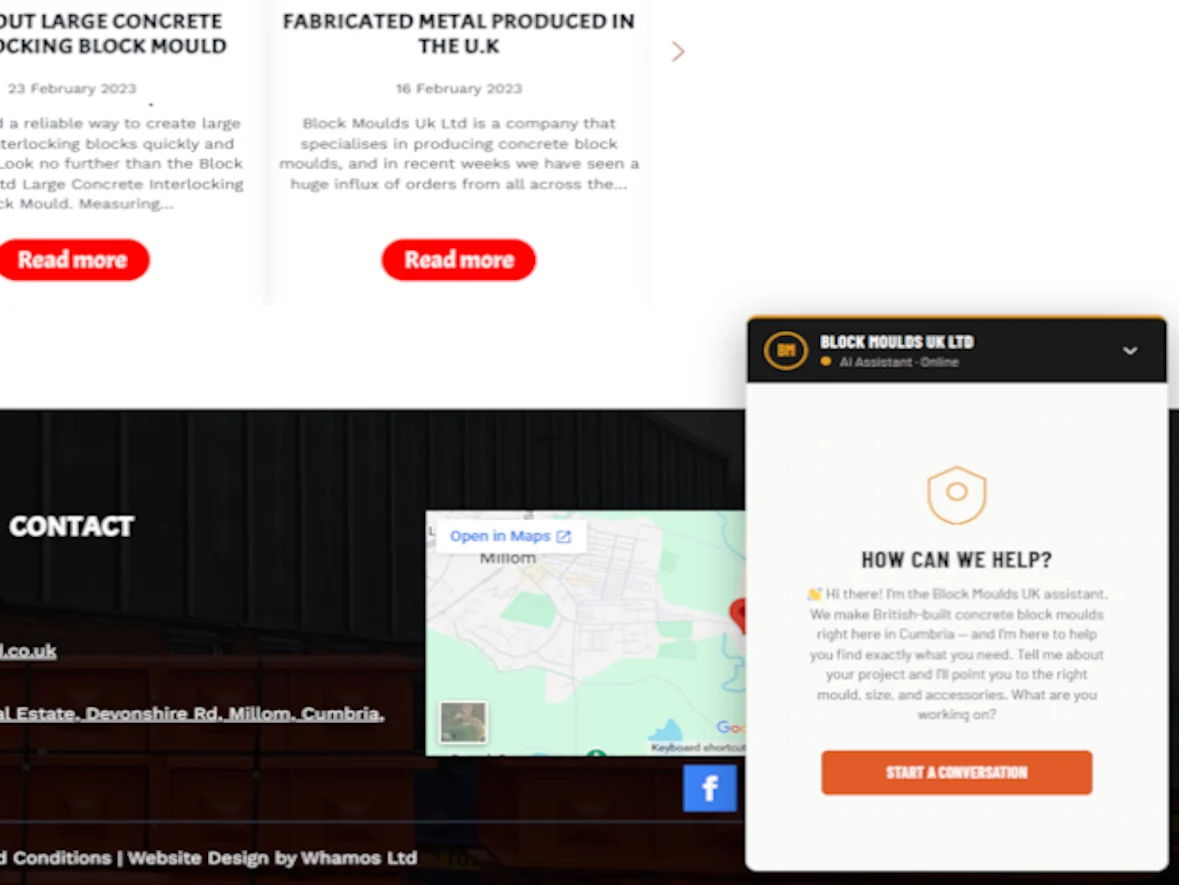 Block Moulds UK Ltd website showing news articles, Google Maps contact section for Millom Cumbria, and the AI assistant chat popup with start a conversation button