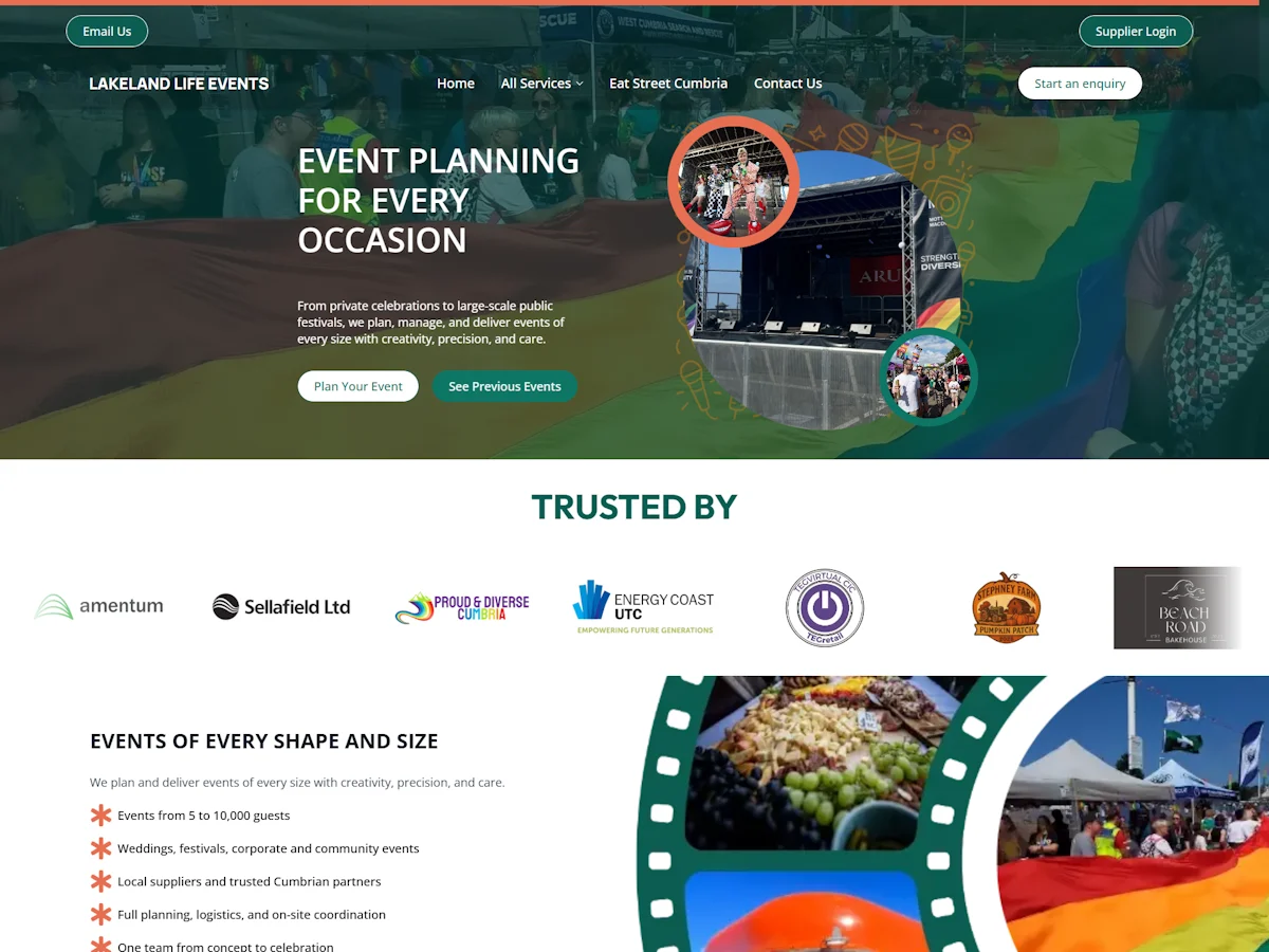 Lakeland Life Events website homepage showing the event planning hero section, trusted by logos including Sellafield Ltd and Energy Coast UTC, and events of every shape and size section