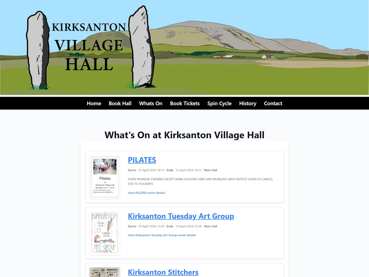Kirksanton Village Hall website showing the What's On events page with upcoming activities including Pilates, Tuesday Art Group, and Kirksanton Stitchers