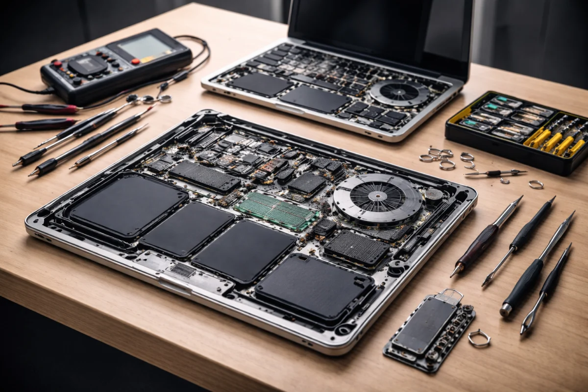 Laptop on a bench for repair