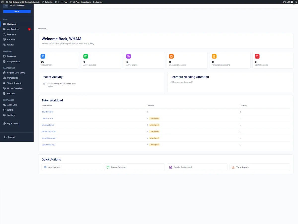 South Cumbria Skills Exchange learner management system admin dashboard showing learner counts, tutor lists and quick actions