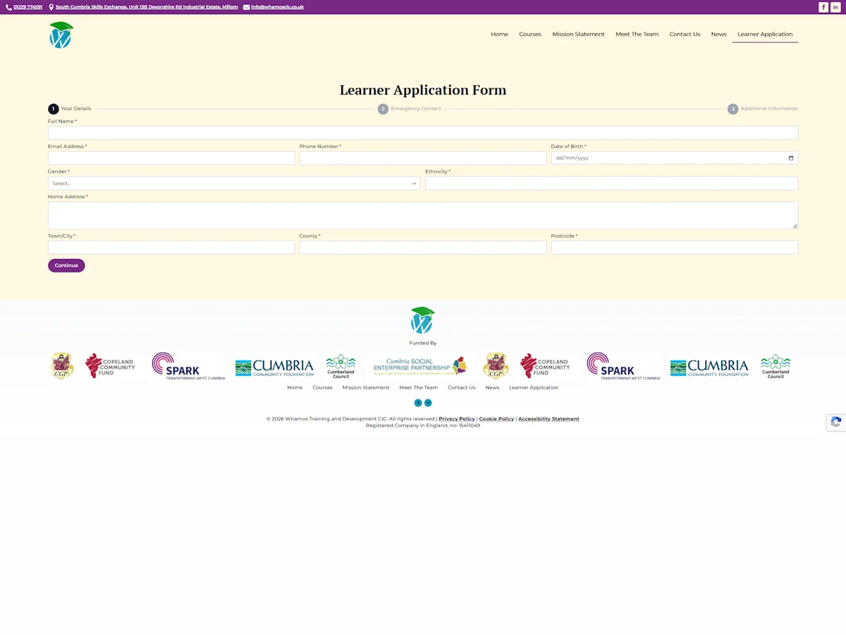 South Cumbria Skills Exchange learner management system learner application form screenshot showing personal details fields
