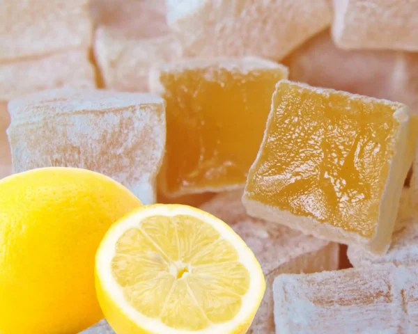 Close-up of Sultan Delights lemon Turkish delight cubes dusted with icing sugar