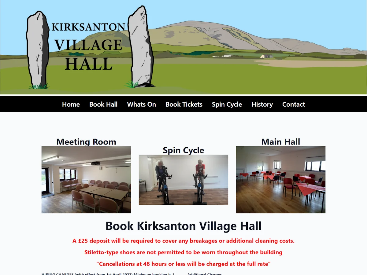 Kirksanton Village Hall book hall page full screenshot showing three bookable spaces with photos hiring charges and booking information