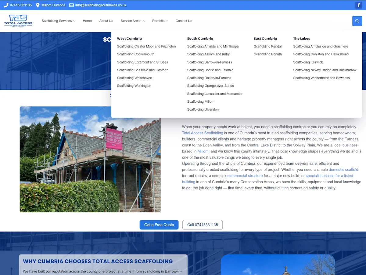 Total Access Scaffolding website showing the service areas dropdown menu with locations across Cumbria including West Cumbria, South Cumbria, East Cumbria, and The Lakes
