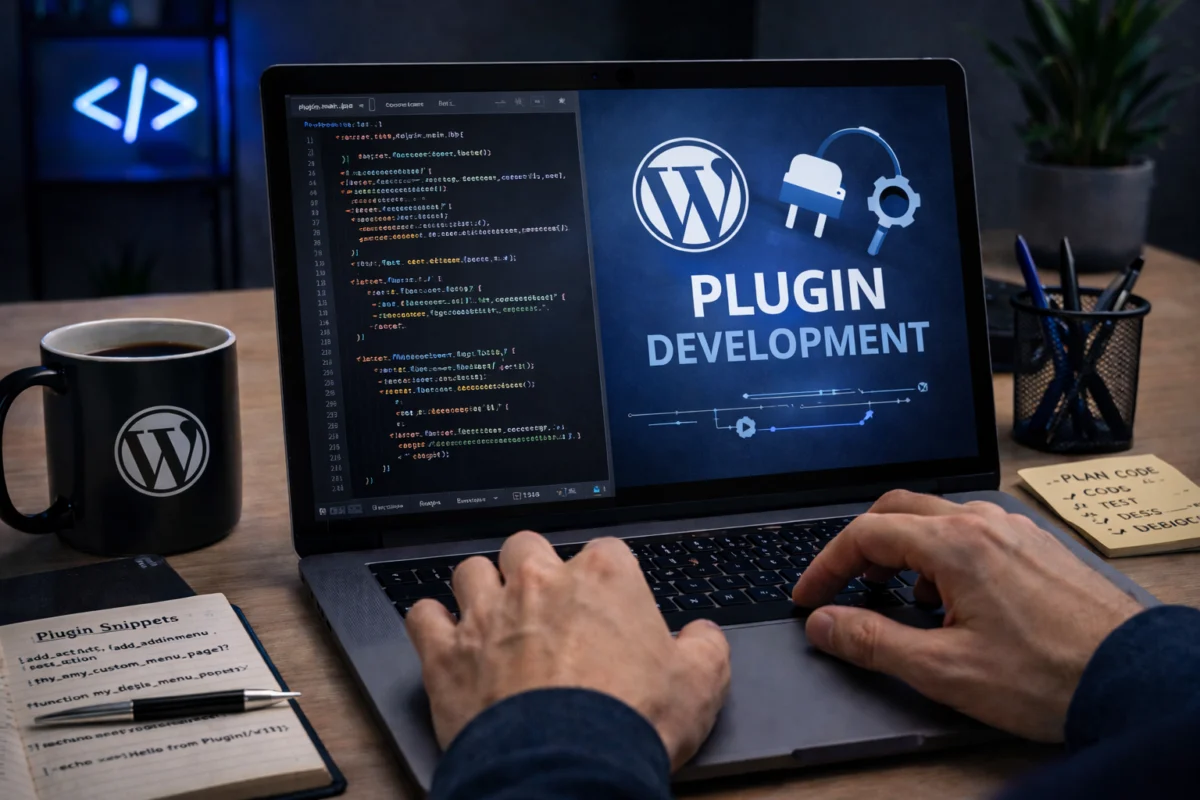 Laptop screen showing Wordpress plugin development